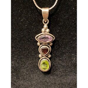 Necklace, Pendant  Amethyst, Garnet, Peridot. 925, SS Chain 24”